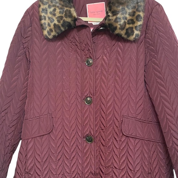 Kate Spade Quilted Chevron Jacket w/ Removable Faux Fur Leopard Collar - Picture 3 of 13